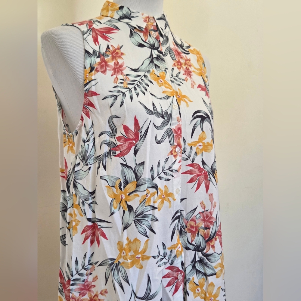 Divided Tropical Floral Sleeveless Blouse - Pink, Yellow, Green